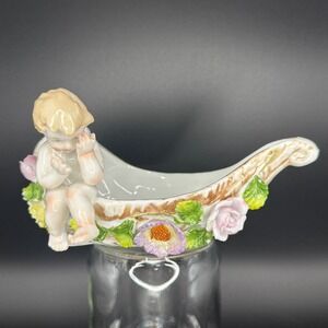 Vintage‎ Cherub Angel Shell Porcelain Trinket Pink Flower Dish Shabby Chic